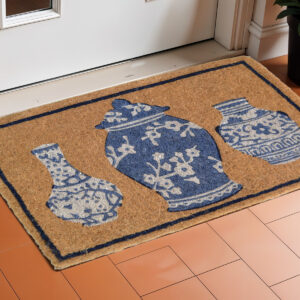 20" X 30" Brown Blue And White Chinoiserie Coir Abstract Outdoor Door Mat