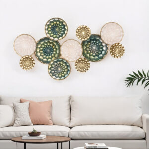 33" X 60" Bronze Gold and Silver Metal Round Disc Hanging Dimensional Sculpture