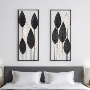 Set of Two Black and Gold Metal Hanging Dimensional Sculpture
