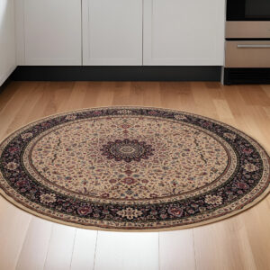 6' Ivory Black and Red Oriental Round Rug