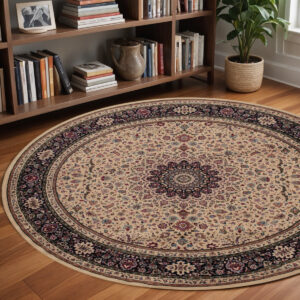 8' Ivory And Black Oriental Round Rug