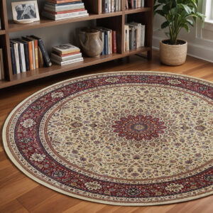 8' Ivory And Red Oriental Round Rug