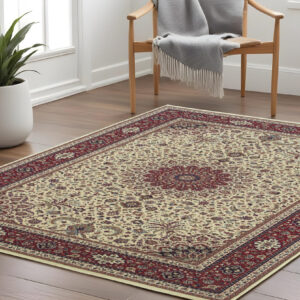 8' Ivory And Red Oriental Square Rug