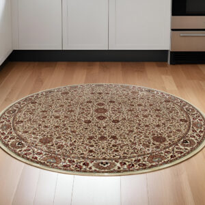 6' Ivory And Green Oriental Round Rug