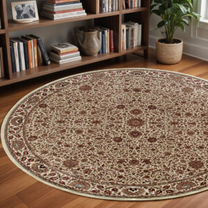 8' Ivory And Green Oriental Round Rug