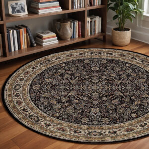 8' Black And Ivory Oriental Round Rug