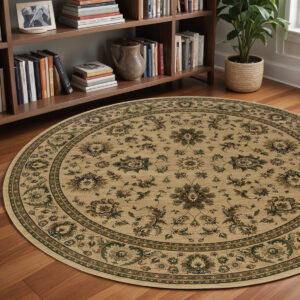 8' Ivory And Green Oriental Round Rug