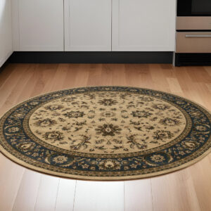 6' Ivory and Blue Oriental Round Rug
