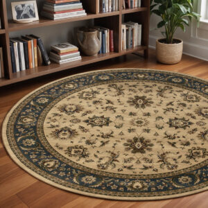 8' Ivory And Blue Oriental Round Rug