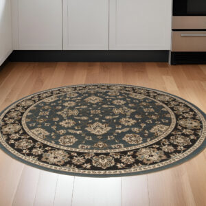 6' Slate Blue Black and Ivory Floral Round Rug