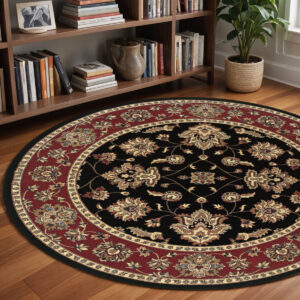 8' Black And Red Floral Round Rug