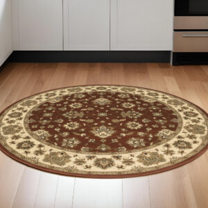 6' Red and Ivory Floral Round Rug