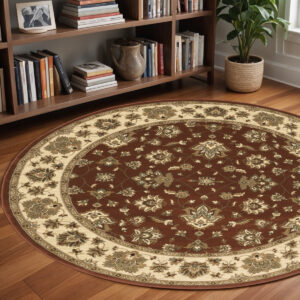 8' Red And Ivory Floral Round Rug