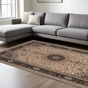 7' X 10' Ivory And Black Oriental Area Rug