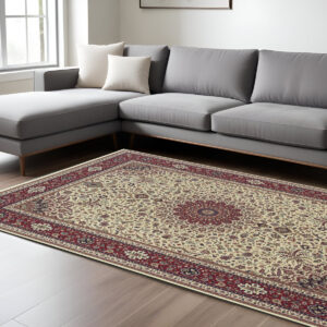 7' X 10' Ivory And Red Oriental Area Rug