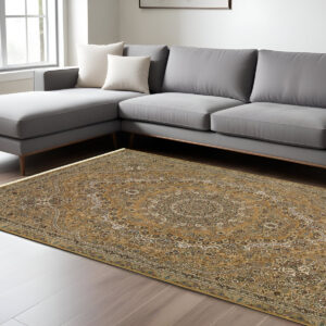 7' X 10' Gold And Ivory Medallion Area Rug With Fringe