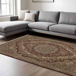 8' X 11' Red And Gold Medallion Area Rug With Fringe