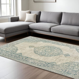 10' X 13' Ivory And Blue Oriental Distressed Area Rug