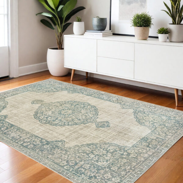 4' X 5' Ivory And Blue Oriental Distressed Area Rug