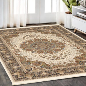 5' X 8' Ivory Black And Tan Medallion Area Rug With Fringe