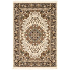 8' X 11' Ivory Black And Tan Medallion Area Rug With Fringe
