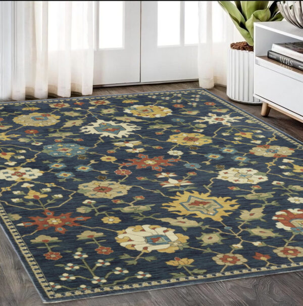 5' X 8' Blue And Gold Oriental Area Rug With Fringe
