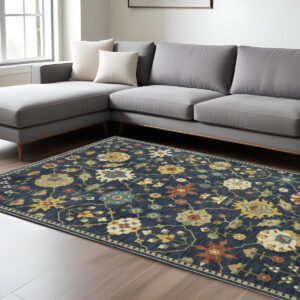 7' X 10' Blue And Gold Oriental Area Rug With Fringe