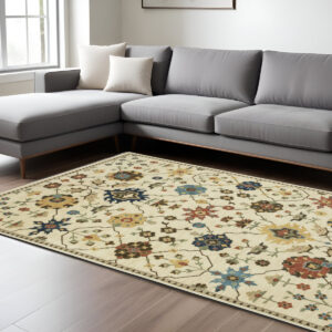 8' X 11' Ivory And Gold Oriental Area Rug With Fringe