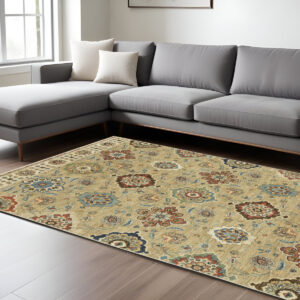 7' X 10' Tan Ivory And Brown Floral Area Rug With Fringe