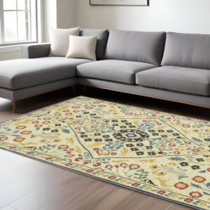 10' X 13' Ivory Orange And Navy Blue Oriental Area Rug With Fringe