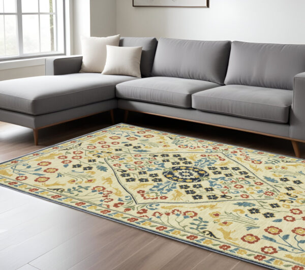 7' X 10' Ivory Orange And Navy Blue Oriental Area Rug With Fringe