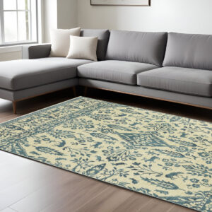 7' X 10' Ivory And Blue Oriental Area Rug With Fringe
