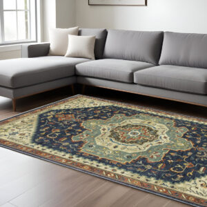 8' X 11' Blue Ivory And Orange Oriental Area Rug With Fringe