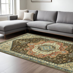 8' X 11' Brown And Orange Oriental Area Rug With Fringe