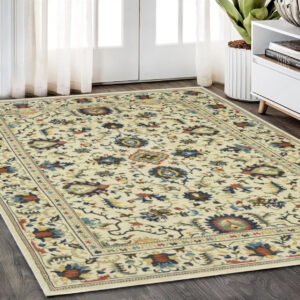 5' X 8' Ivory Blue And Orange Oriental Area Rug With Fringe