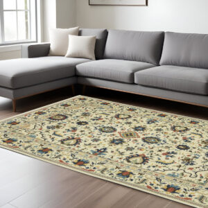8' X 11' Ivory Blue And Orange Oriental Area Rug With Fringe