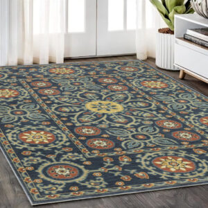 5' X 8' Blue And Rust Medallion Area Rug With Fringe
