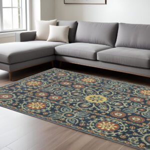 10' X 13' Blue And Rust Medallion Area Rug With Fringe
