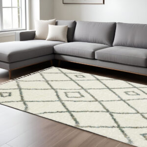 7' X 10' Ivory Gray And Tan Diamond Shag Area Rug With Fringe