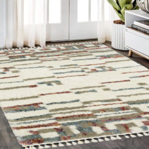 5' X 8' Tan Gray And Ivory Abstract Shag Distressed Area Rug With Fringe