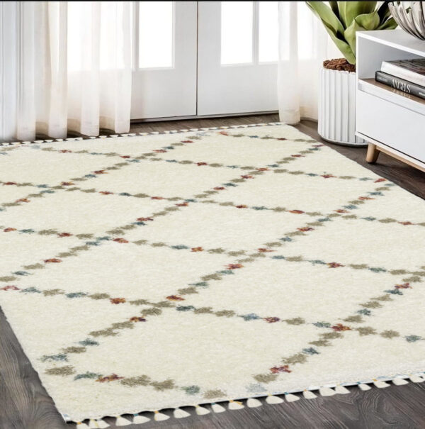 5' X 8' Gray Ivory And Tan Diamond Shag Area Rug With Fringe