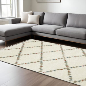 8' X 11' Ivory Tan And Gray Diamond Shag Area Rug With Fringe