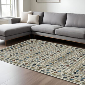 10' X 13' Ivory Tan And Gray Tribal Area Rug