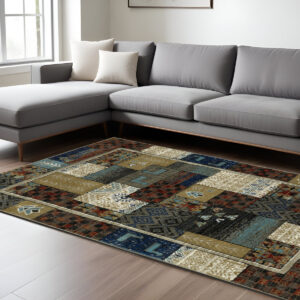 7' X 9' Brown Tan And Blue Patchwork Area Rug