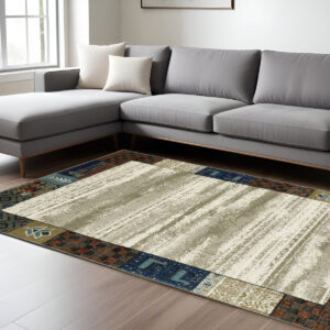 10' X 13' Ivory Tan And Blue Patchwork Area Rug