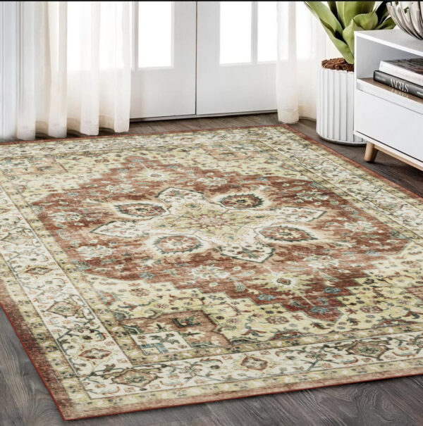 5' X 7' Red And Ivory Oriental Distressed Area Rug