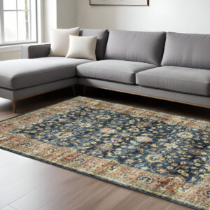 8' X 10' Blue And Rust Oriental Distressed Area Rug