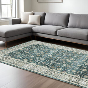 8' X 10' Teal And Ivory Oriental Distressed Area Rug