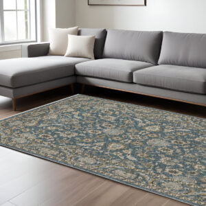 8' X 11' Blue And Beige Oriental Area Rug With Fringe
