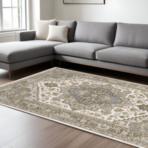8' X 11' Ivory And Gold Medallion Distressed Area Rug With Fringe